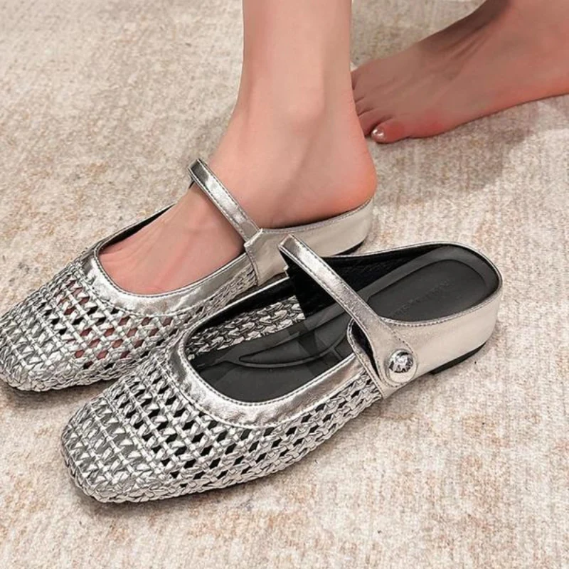 Aurea | Mules Mary Jane de tejido trenzado dorado