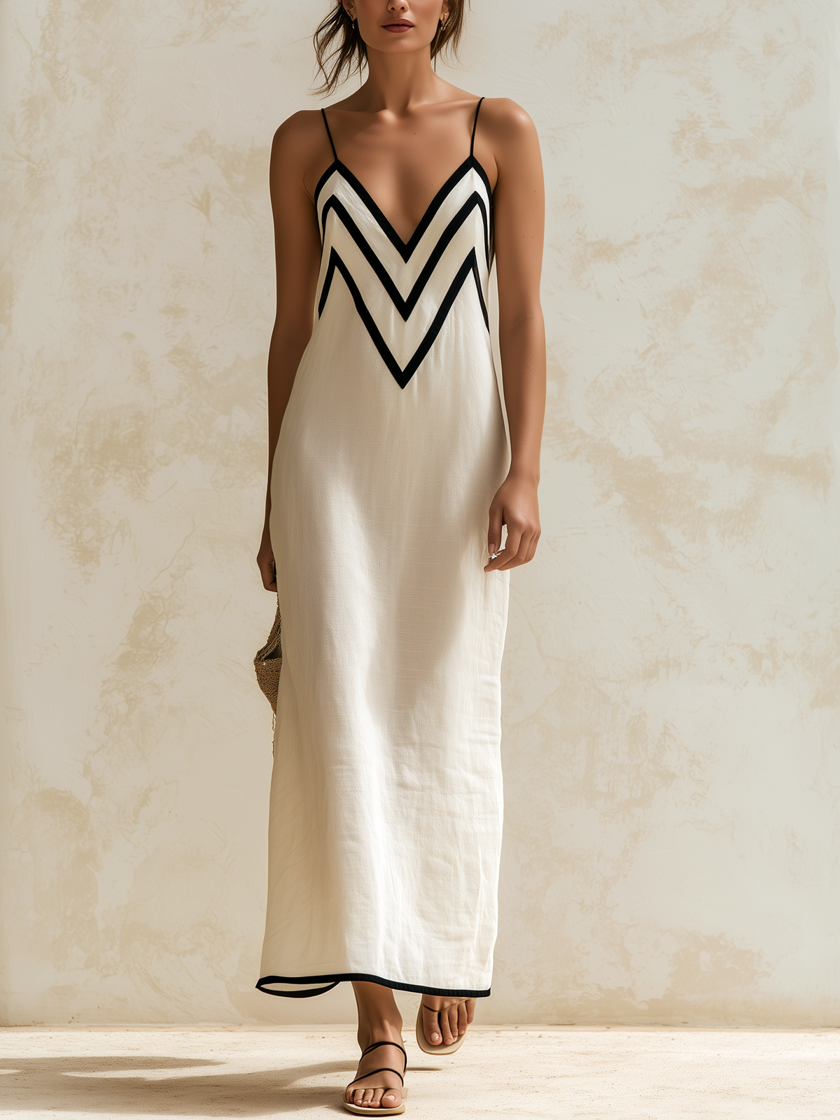 Naia | Vestido largo con escote en V y ribete de contraste