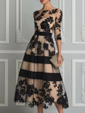 Gala| Vestido midi de tul y encaje floral negro