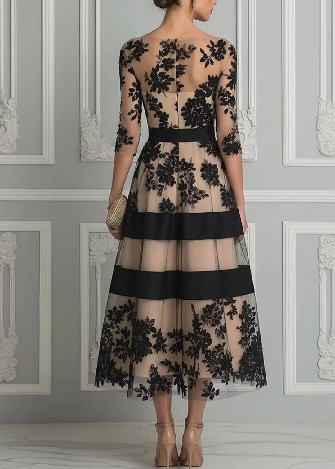 Gala| Vestido midi de tul y encaje floral negro