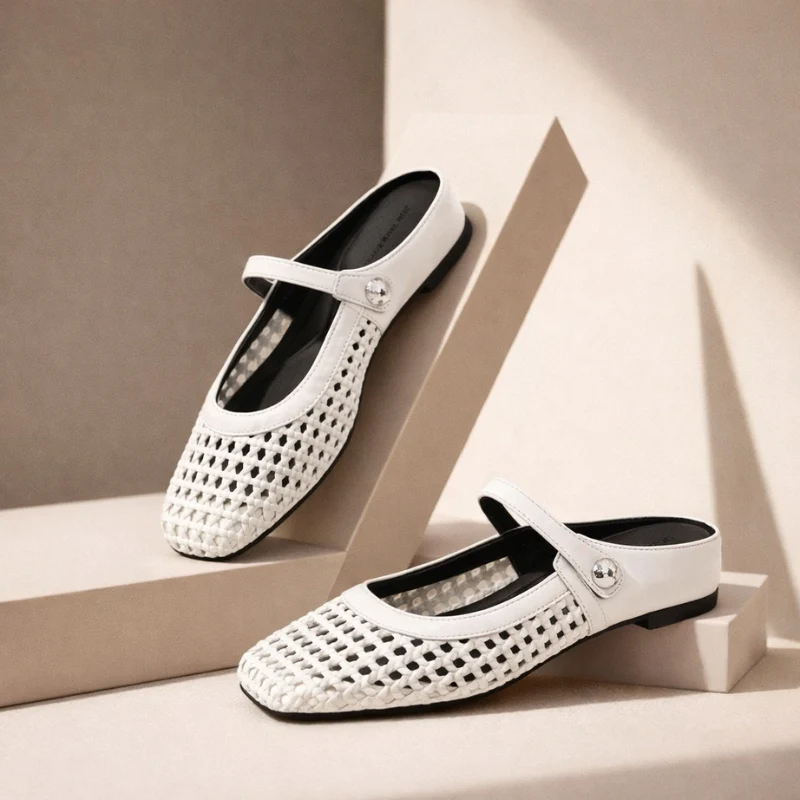Aurea | Mules Mary Jane de tejido trenzado dorado