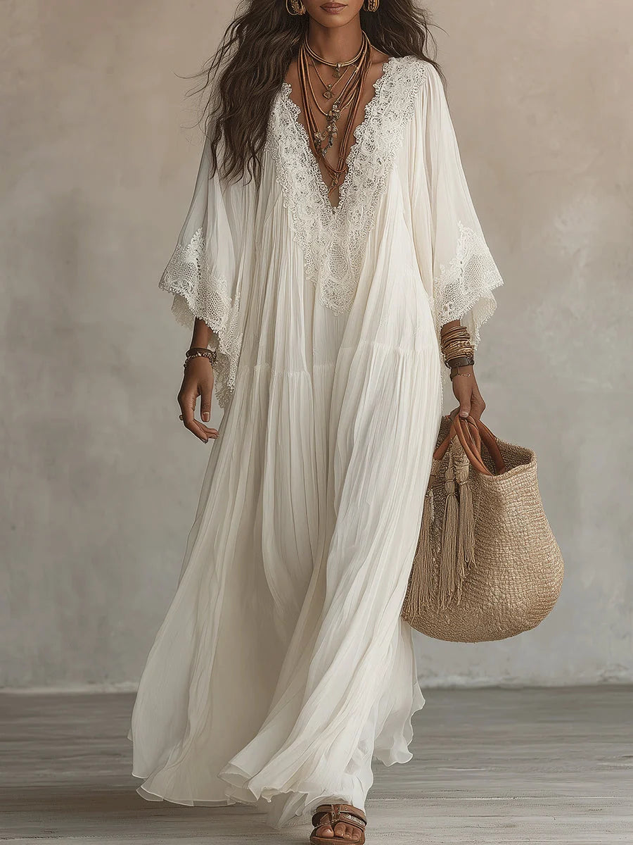 Lola | Vestido maxi boho de gasa con encaje