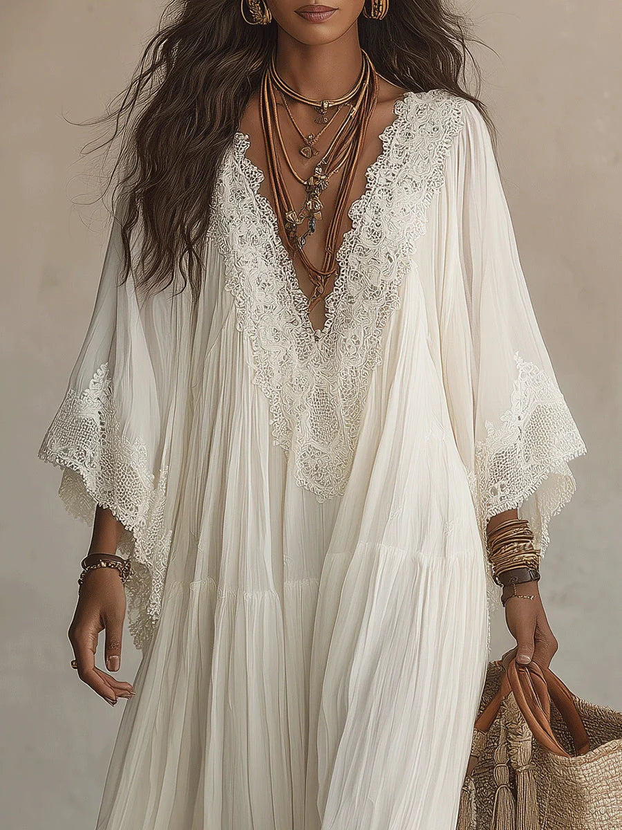 Lola | Vestido maxi boho de gasa con encaje