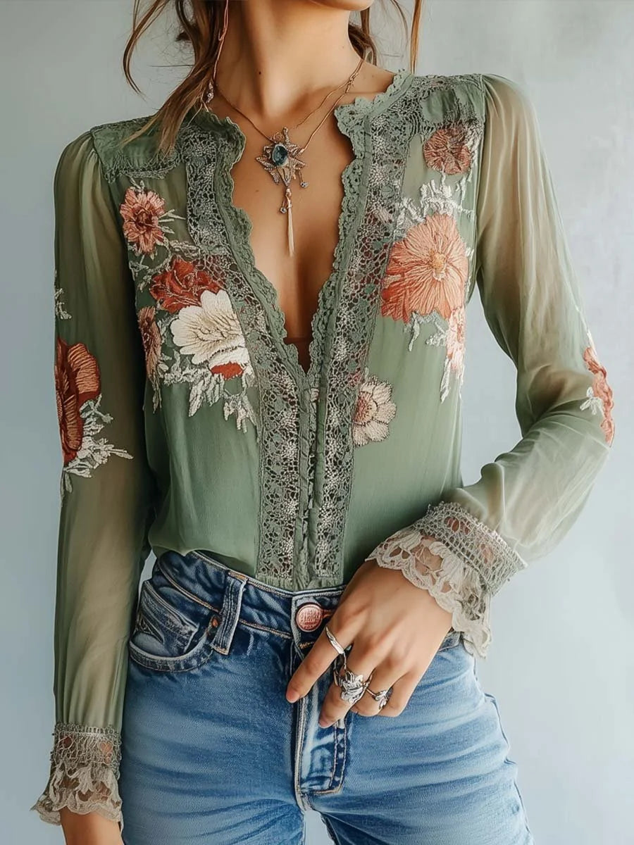 India| Blusa bordada boho verde