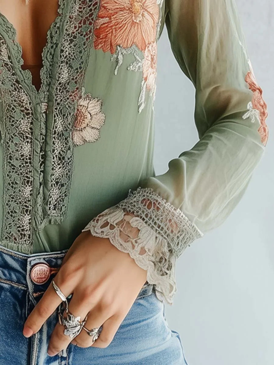 India| Blusa bordada boho verde