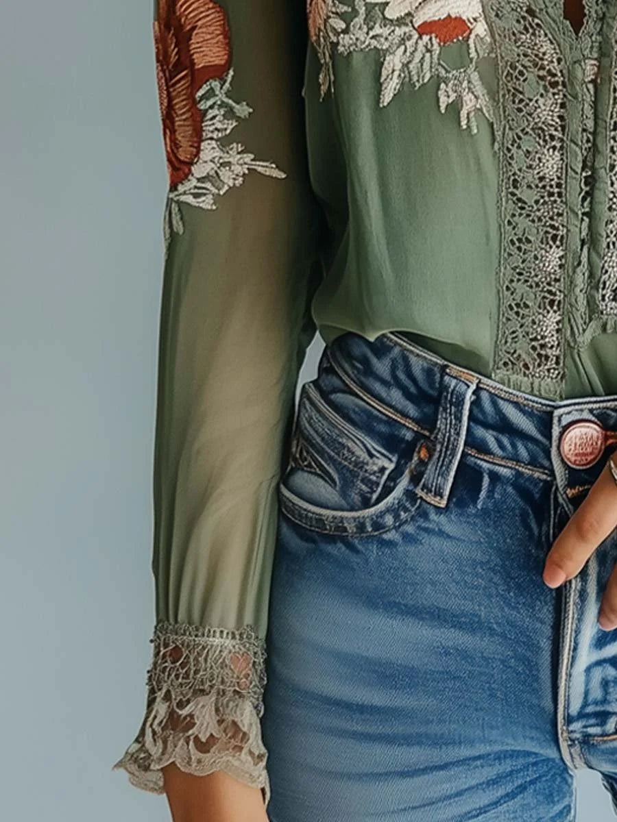 India| Blusa bordada boho verde